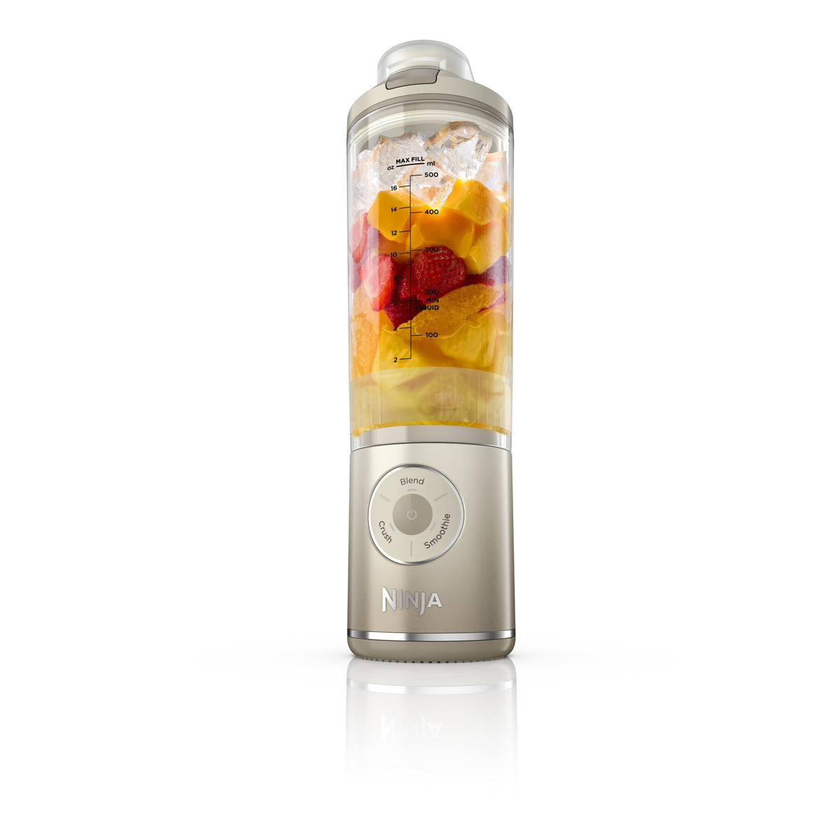 Front view of Blast Max Cordless Portable Blender in Cream showcasing measurement markings and preset dial with fruit-filled 22 oz vessel