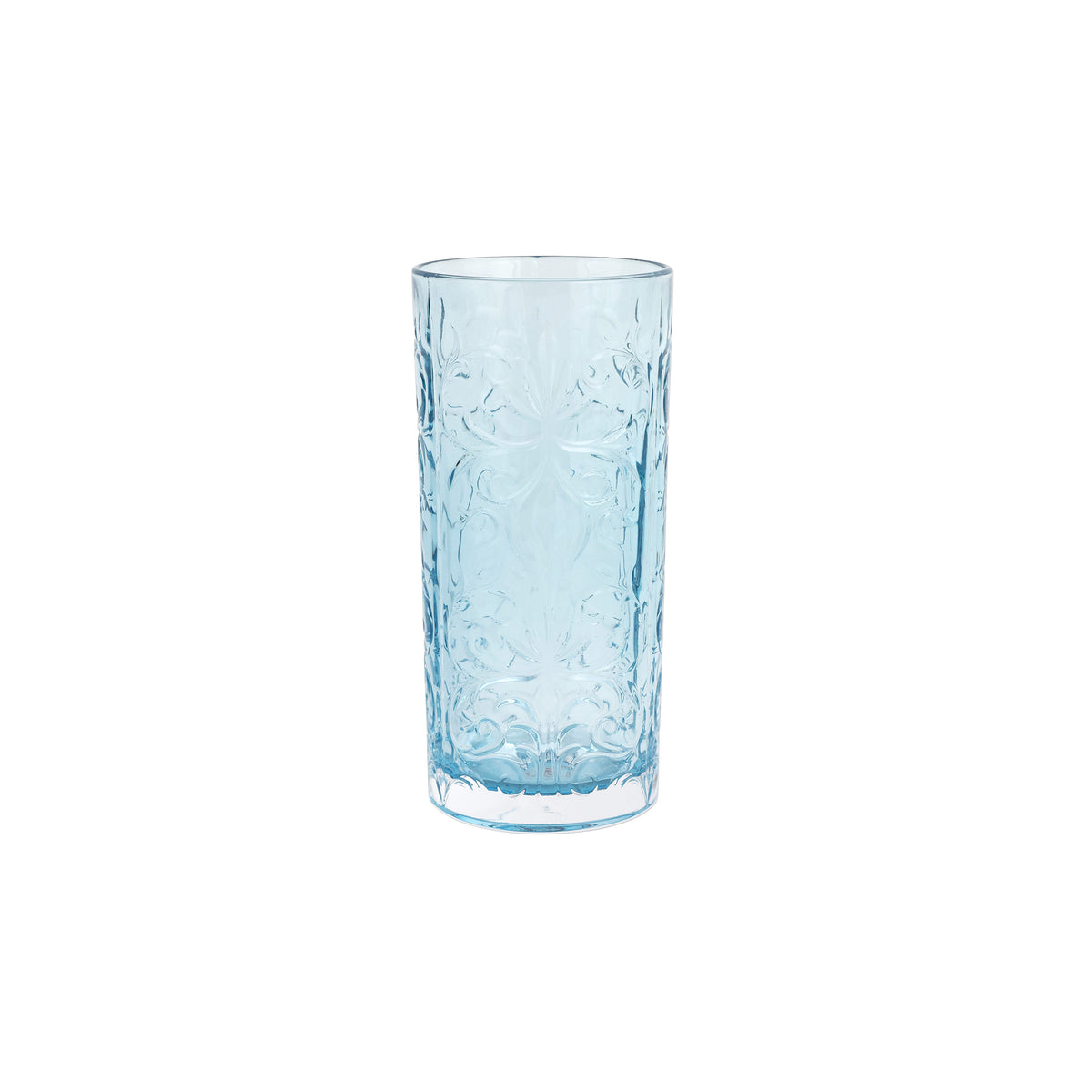 Front view of Barocco Light Blue High Ball showcasing intricate raised Baroque etchings with a white background