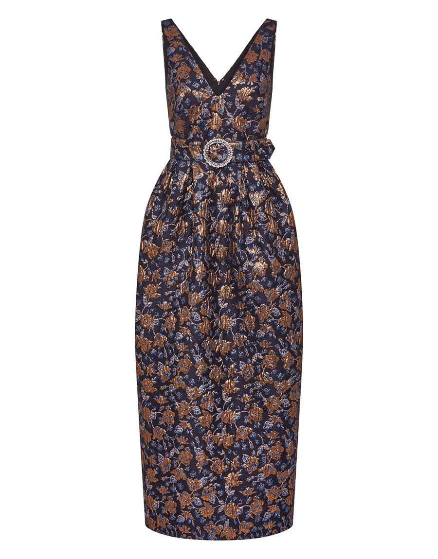 Jules Floral Jacquard Midi Dress in Navy/Gold