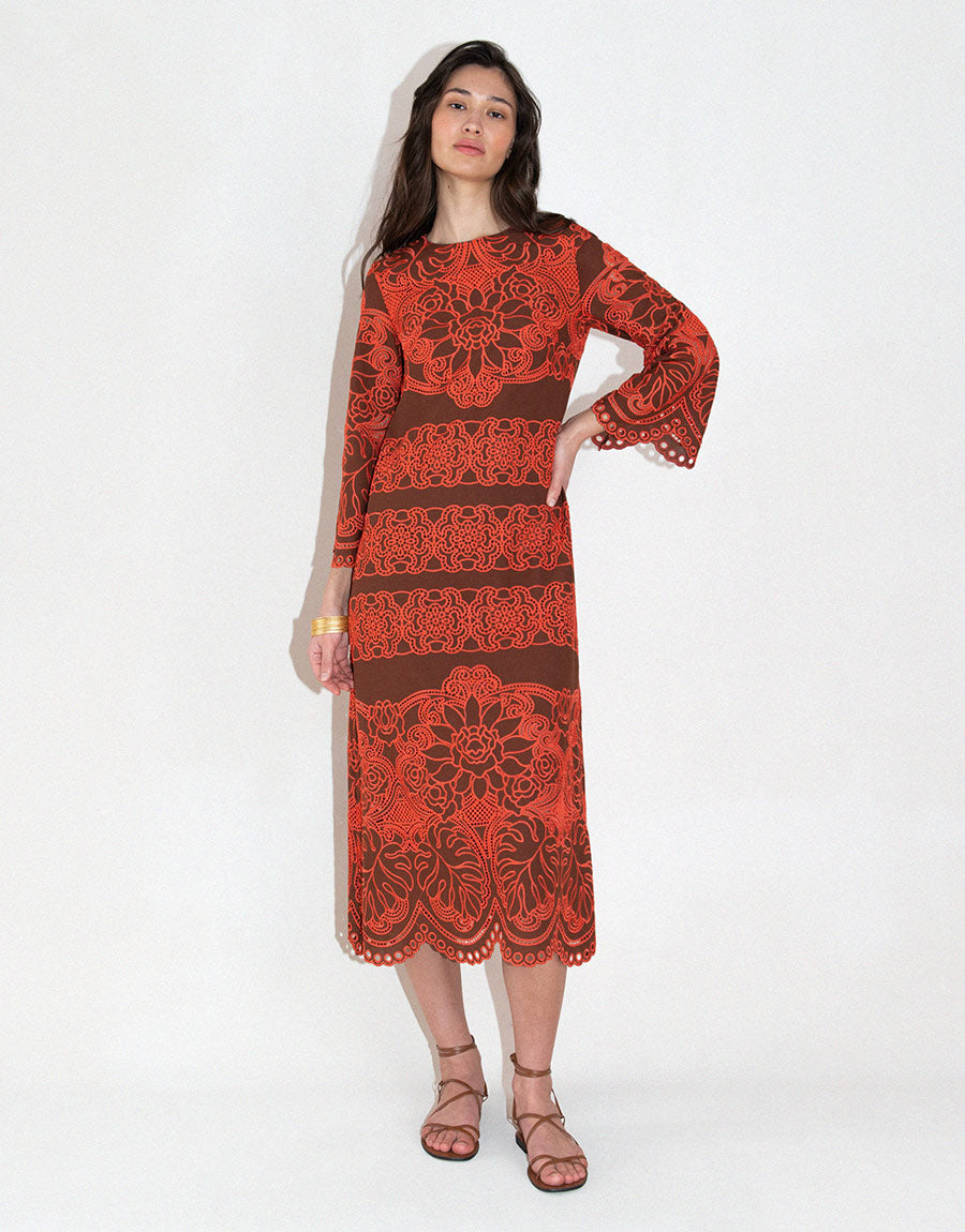 Seraphina Embroidery Midi Dress in Palm Brown