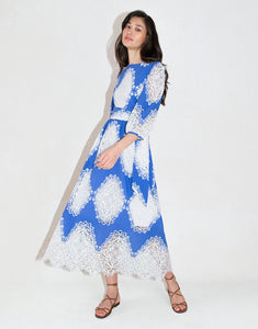 Constance Lace Midi Dress in Blue/White