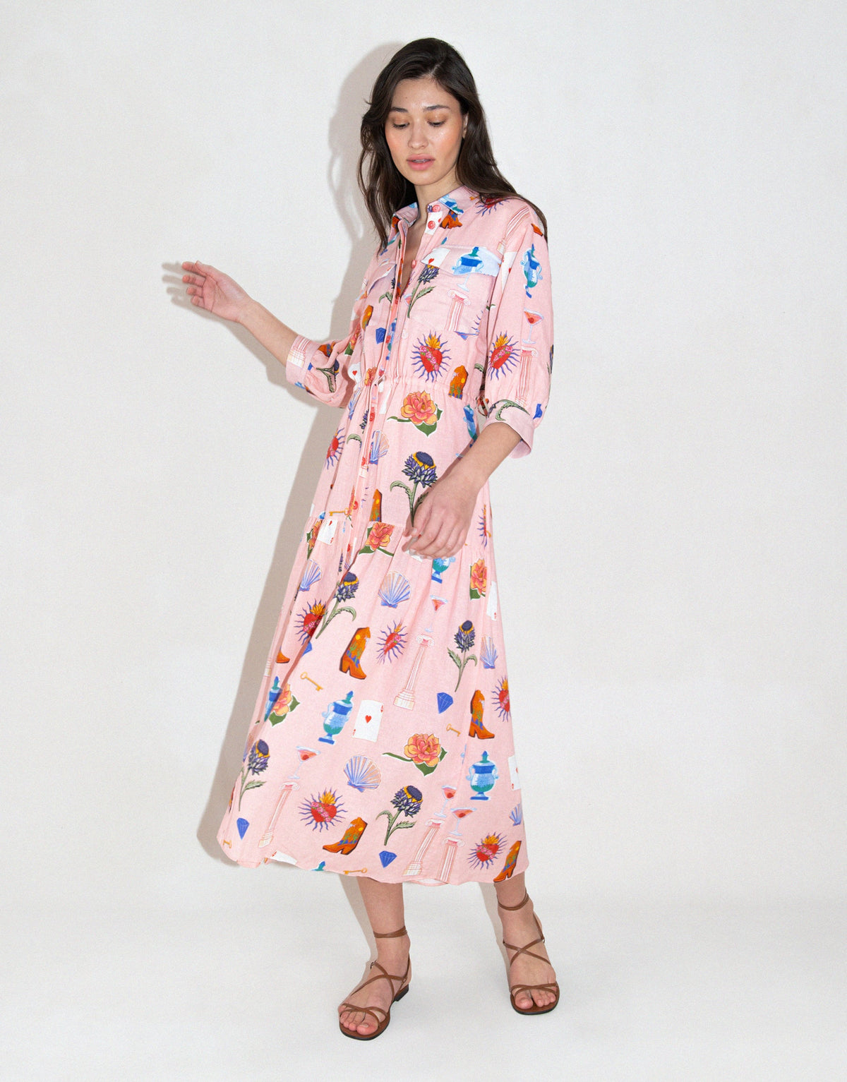 Uma Linen Midi Dress in Wanderlust Pink