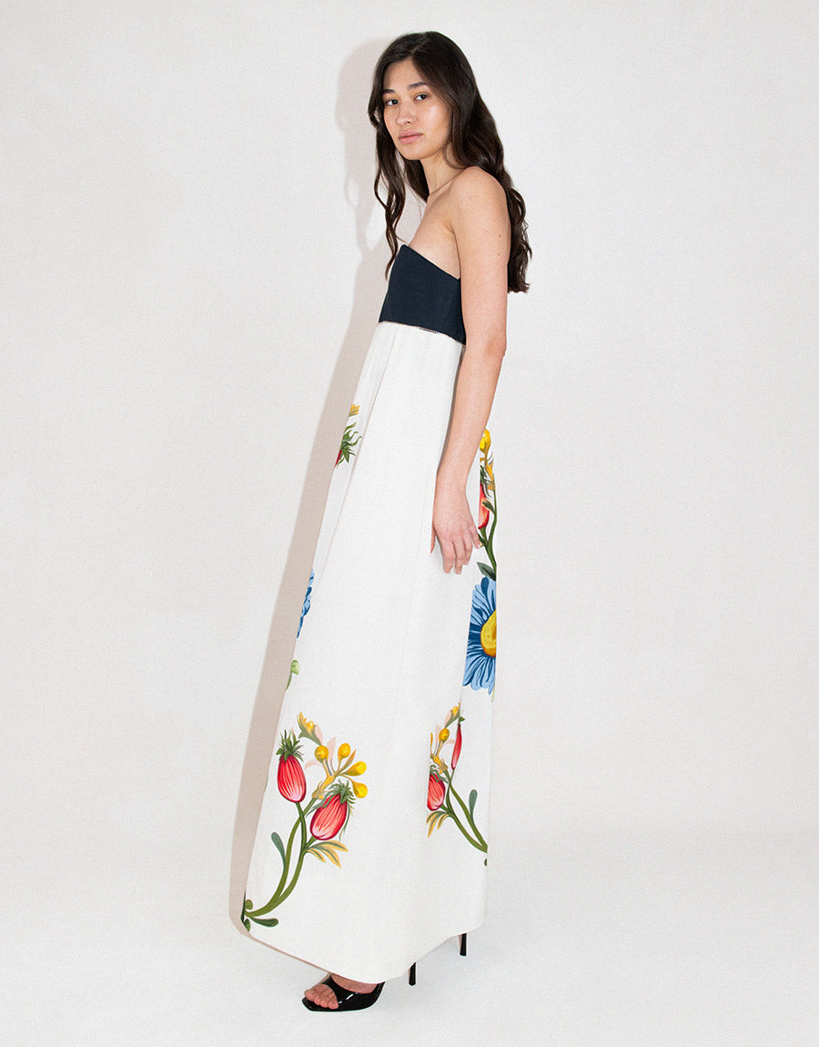 Anastasia Satin Twill Maxi Gown in Sierra Jungle White