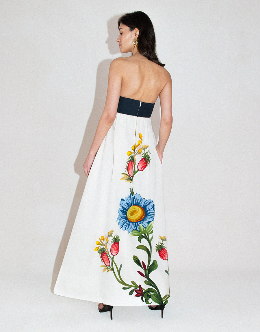 Anastasia Satin Twill Maxi Gown in Sierra Jungle White