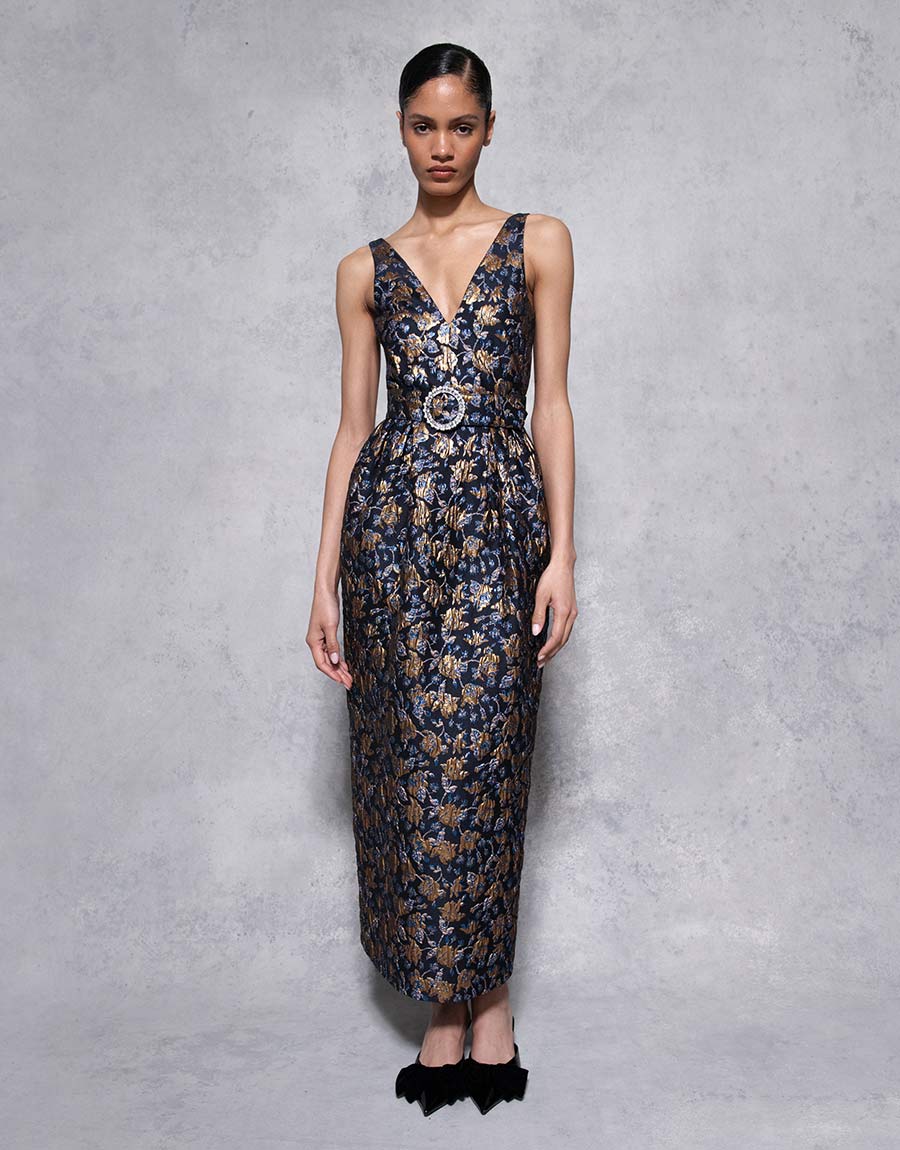 Jules Floral Jacquard Midi Dress in Navy/Gold