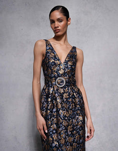 Jules Floral Jacquard Midi Dress in Navy/Gold