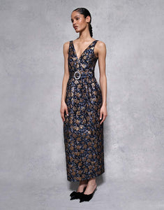 Jules Floral Jacquard Midi Dress in Navy/Gold