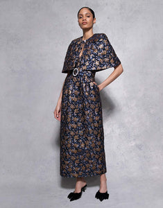 Merryn Floral Jacquard Cape in Navy/Gold