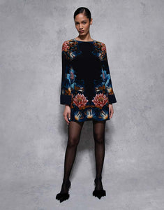 Cocoa Crepe Mini Dress in Painterly Flower