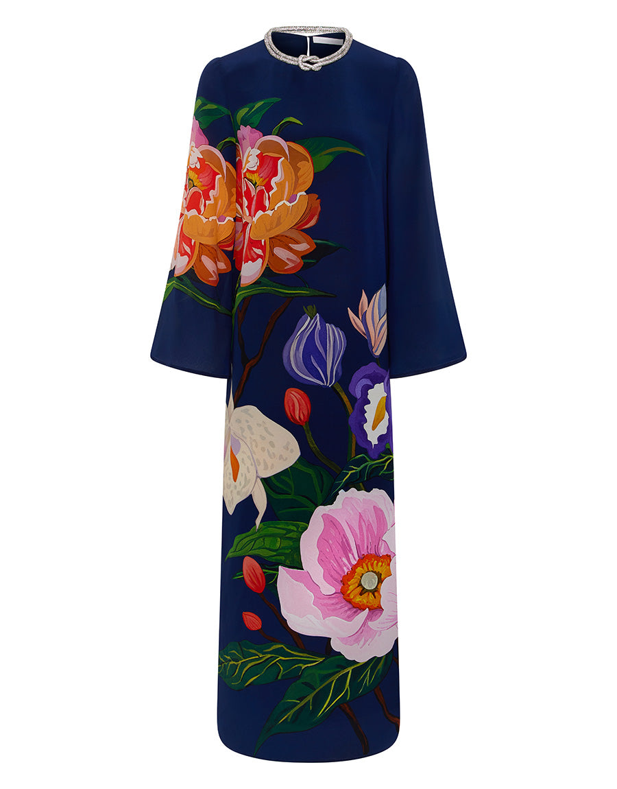 Capucine Crepe Maxi Dress in Tree Of Life Navy