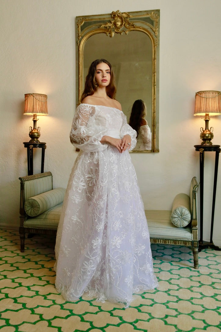 Off-The-Shoulder Full Sleeve Embroidered Organza Gown with Pearl Raffia