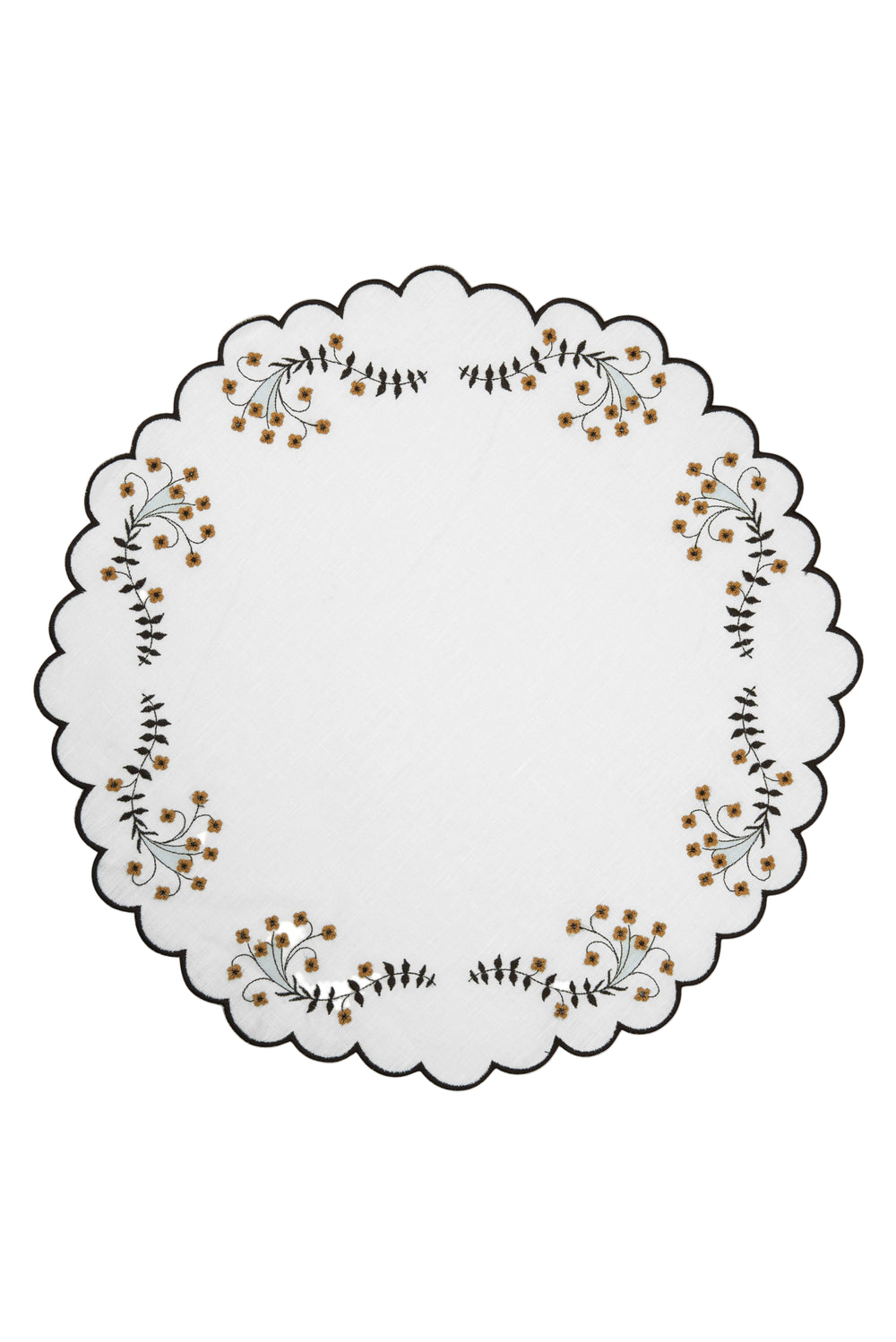 Top view of Spring Linen round placemat showcasing scalloped edge and brown embroidered botanical motifs on a white background