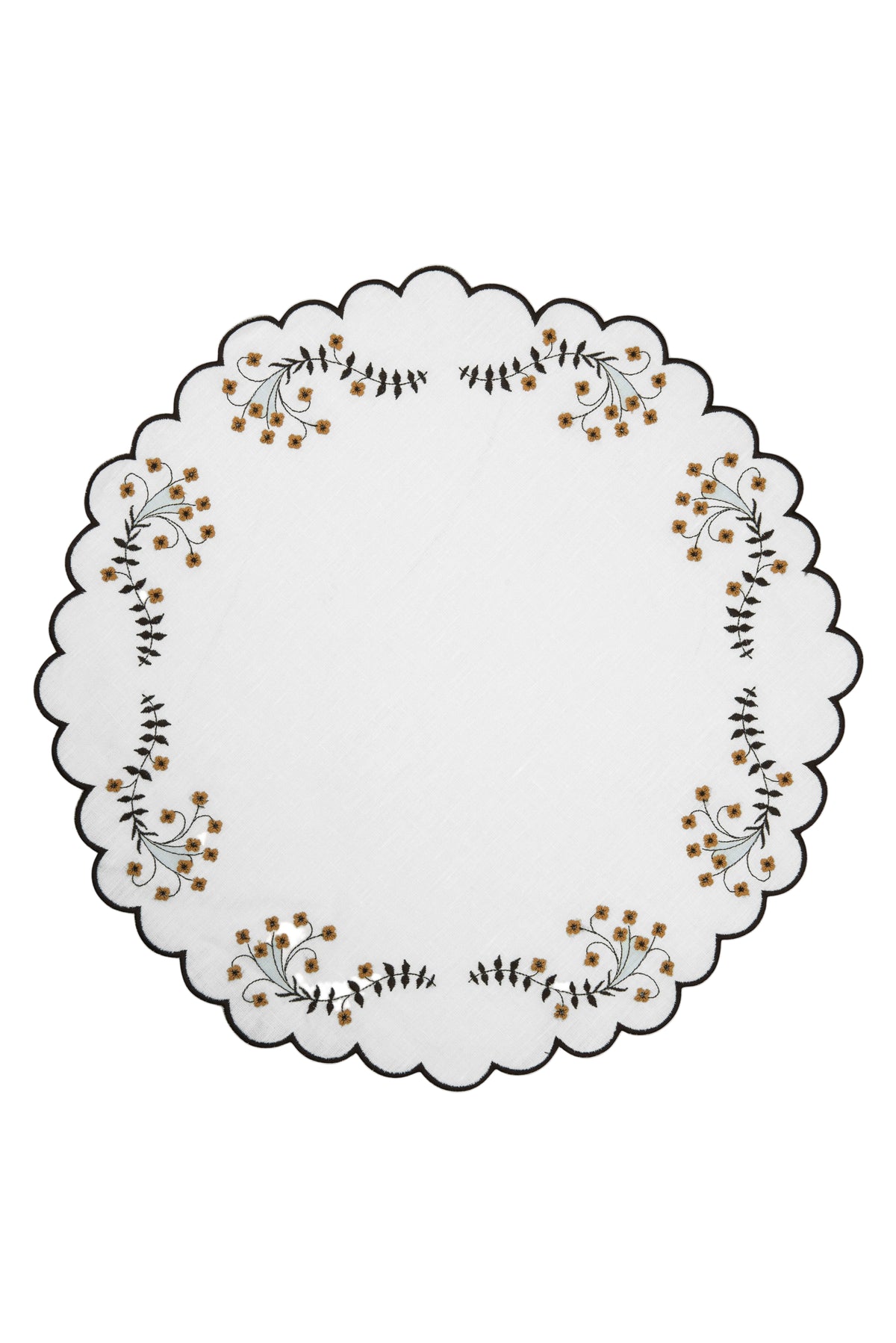 Top view of Spring Linen round placemat showcasing scalloped edge and brown embroidered botanical motifs on a white background
