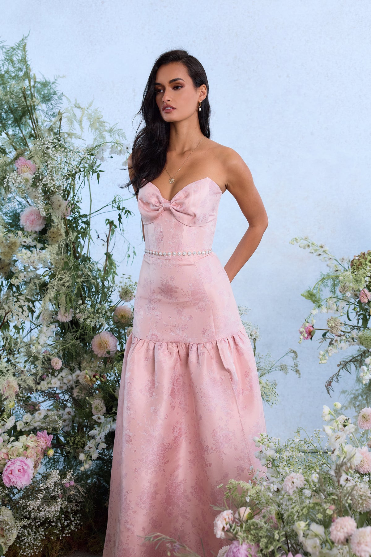 The Beatrice Dress in Light Pink Windsor Brocade