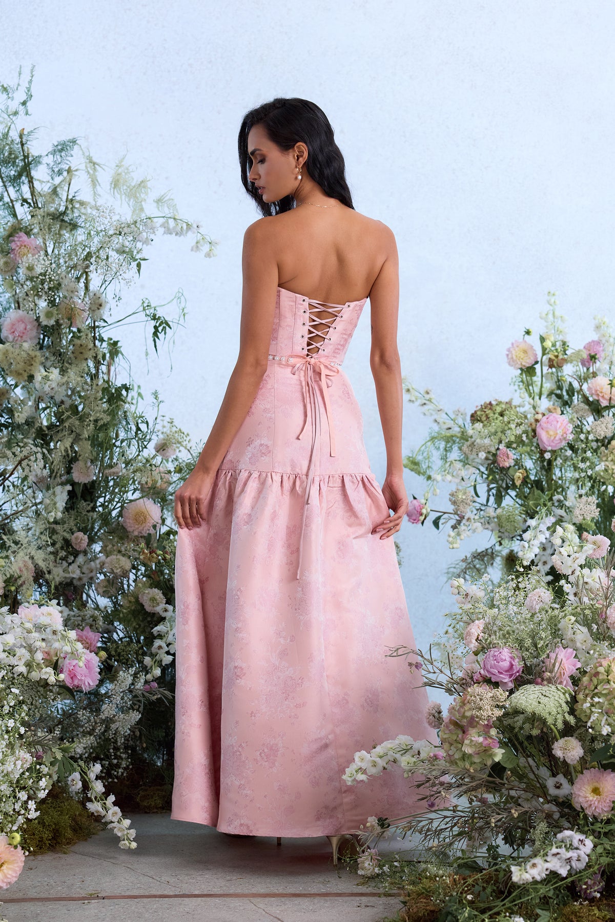 The Beatrice Dress in Light Pink Windsor Brocade