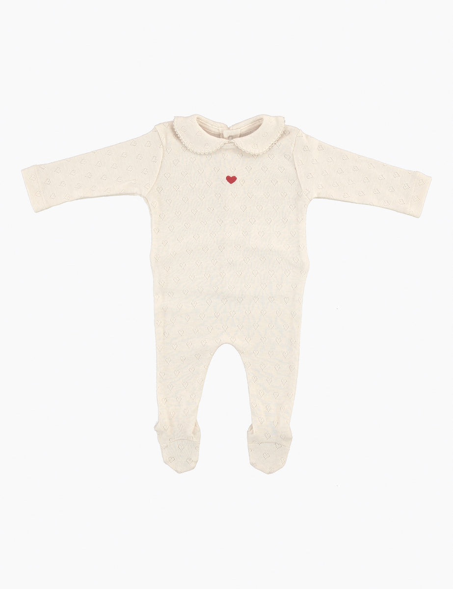 Bebe Heart Collar Overall in Natural Red Heart Pointelle