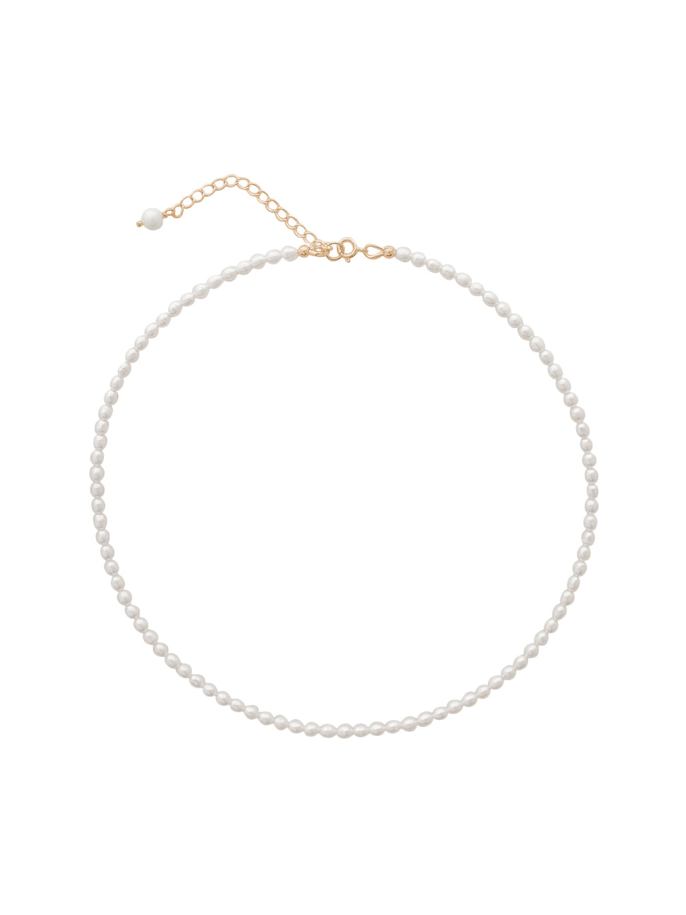 Top-down view of Bella Necklace showcasing small freshwater pearls and a gold chain extender on white background
