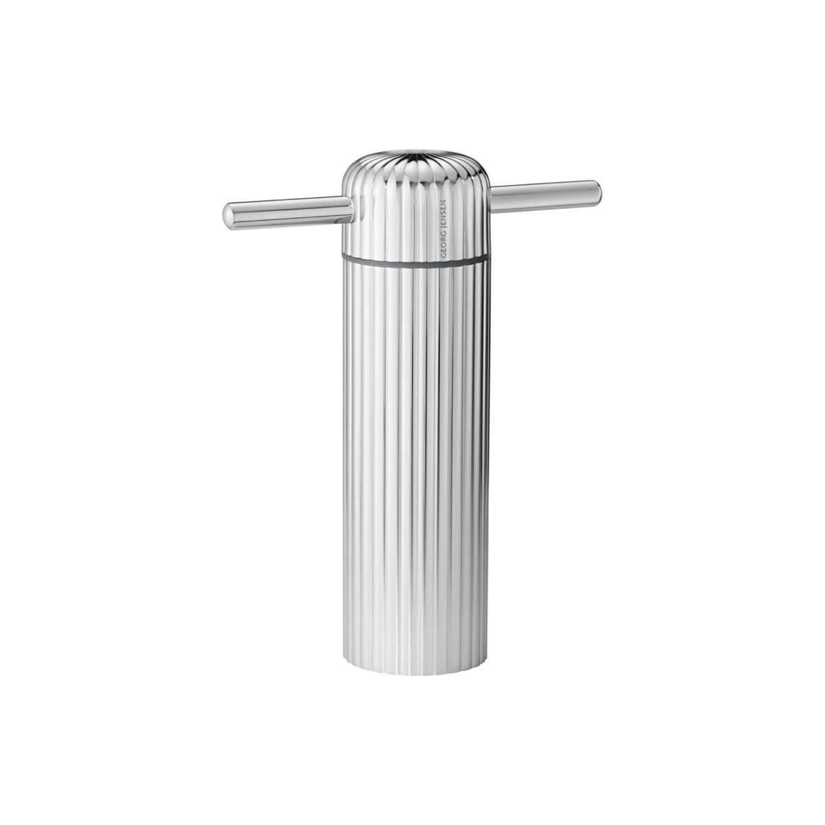 Front view of Bernadotte wine opener showcasing grooved stainless steel body and T-handle on white background