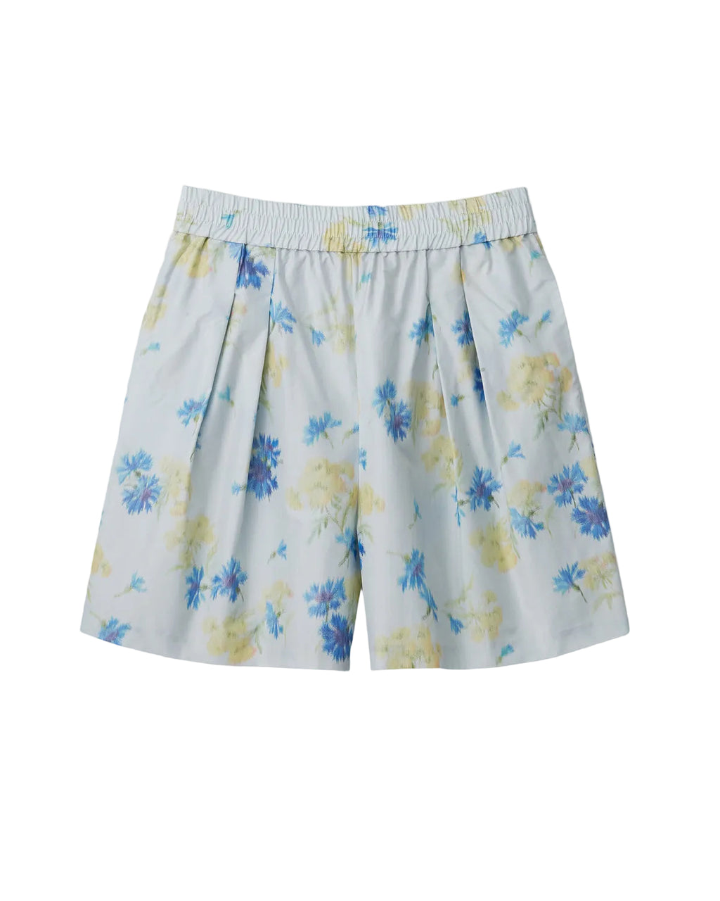 Front view of Binx Midi Short showcasing blue floral print, elasticated waist, and soft front pleats on a white background