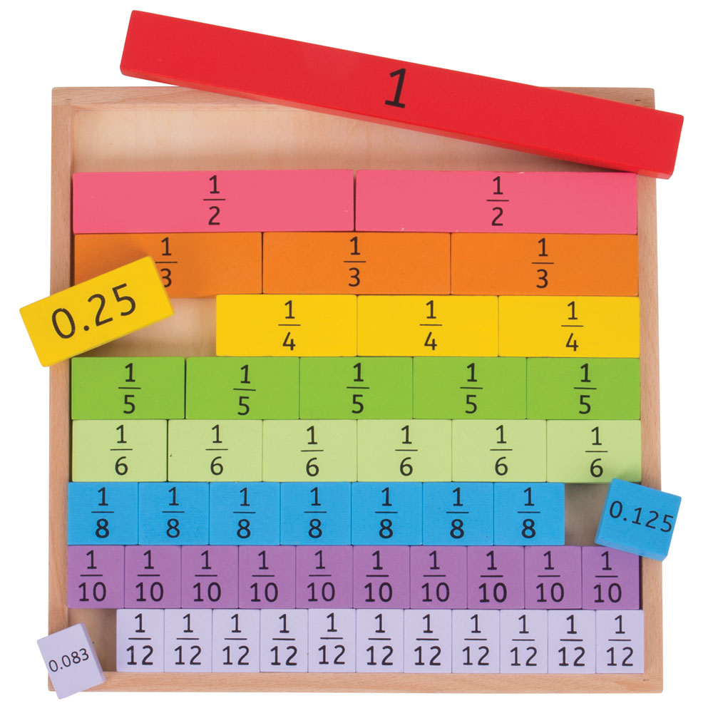 Front view of Fractions Tray showcasing color coded fraction tiles and decimal cards in a wooden tray