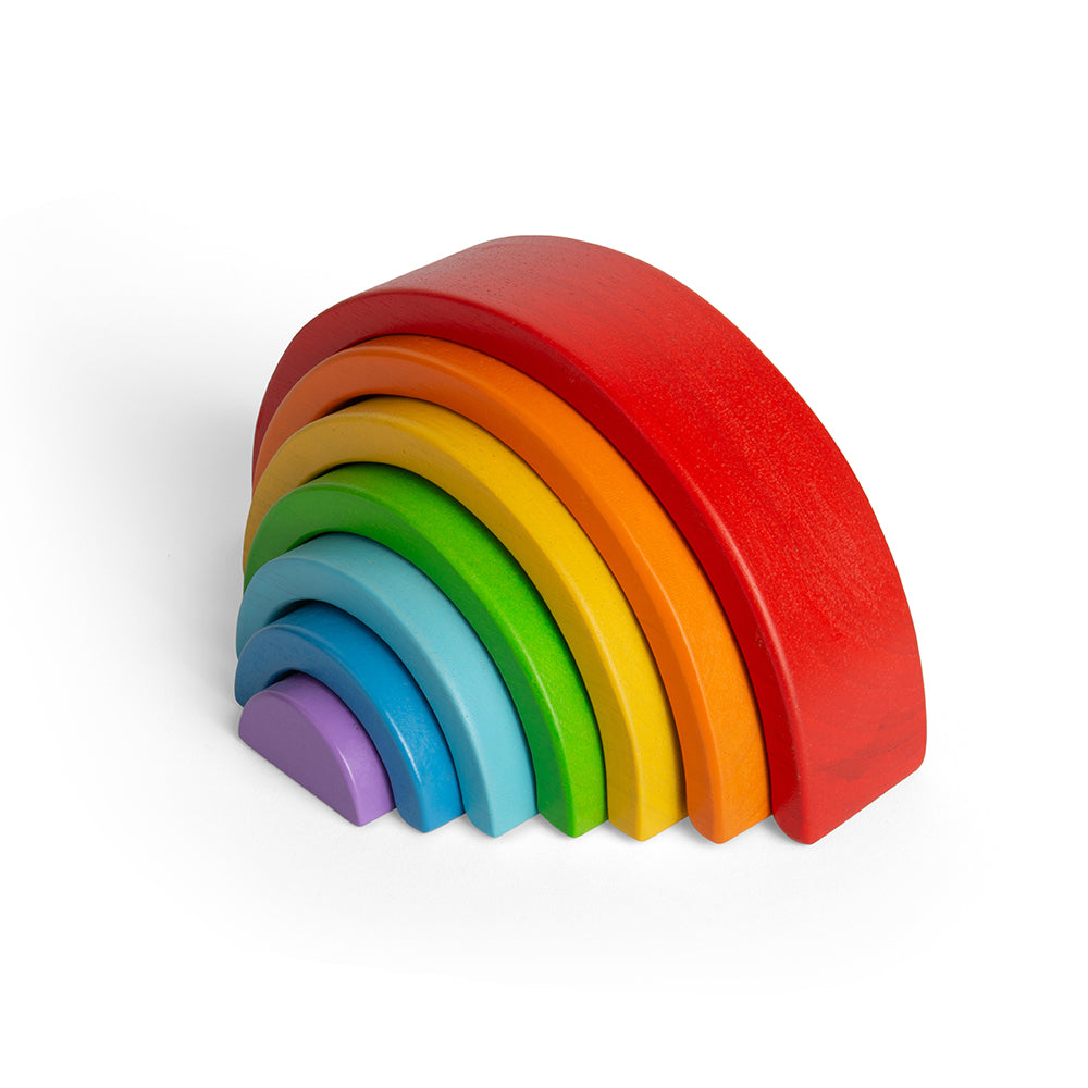 Front three-quarter view of Wooden Stacking Rainbow - Small showcasing seven colorful wooden arches on a white background
