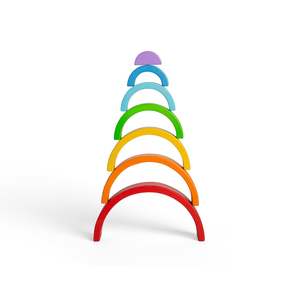 Front view of Wooden Stacking Rainbow, Small showcasing seven colorful wooden stacking arches with a white background