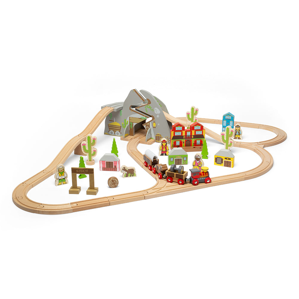 Angled view of Wild West Train Set showcasing mountain gold mine tunnel, train, and themed accessories on white background