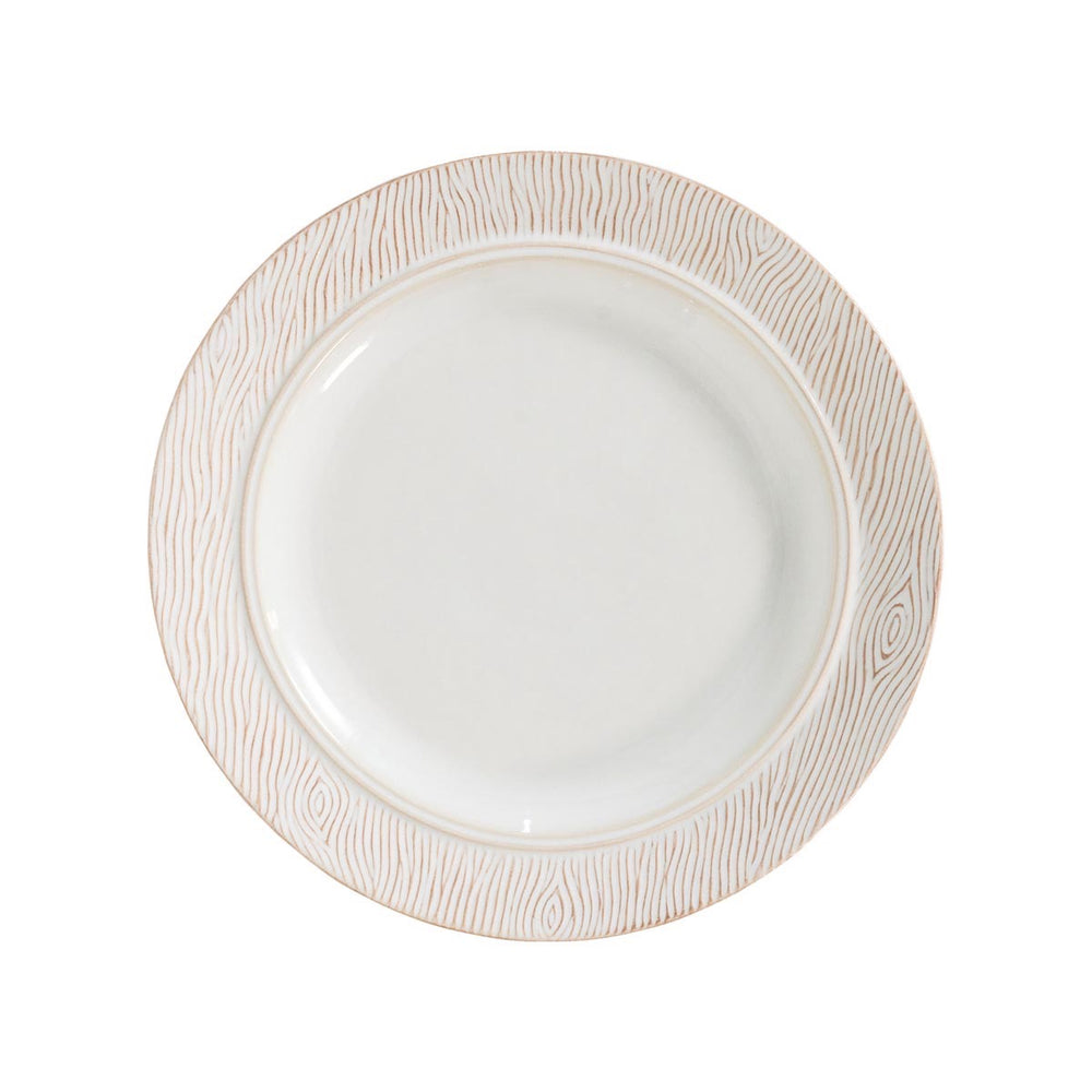Top view of Blenheim Oak salad plate showcasing woodgrain-textured cream and light-brown rim on white background