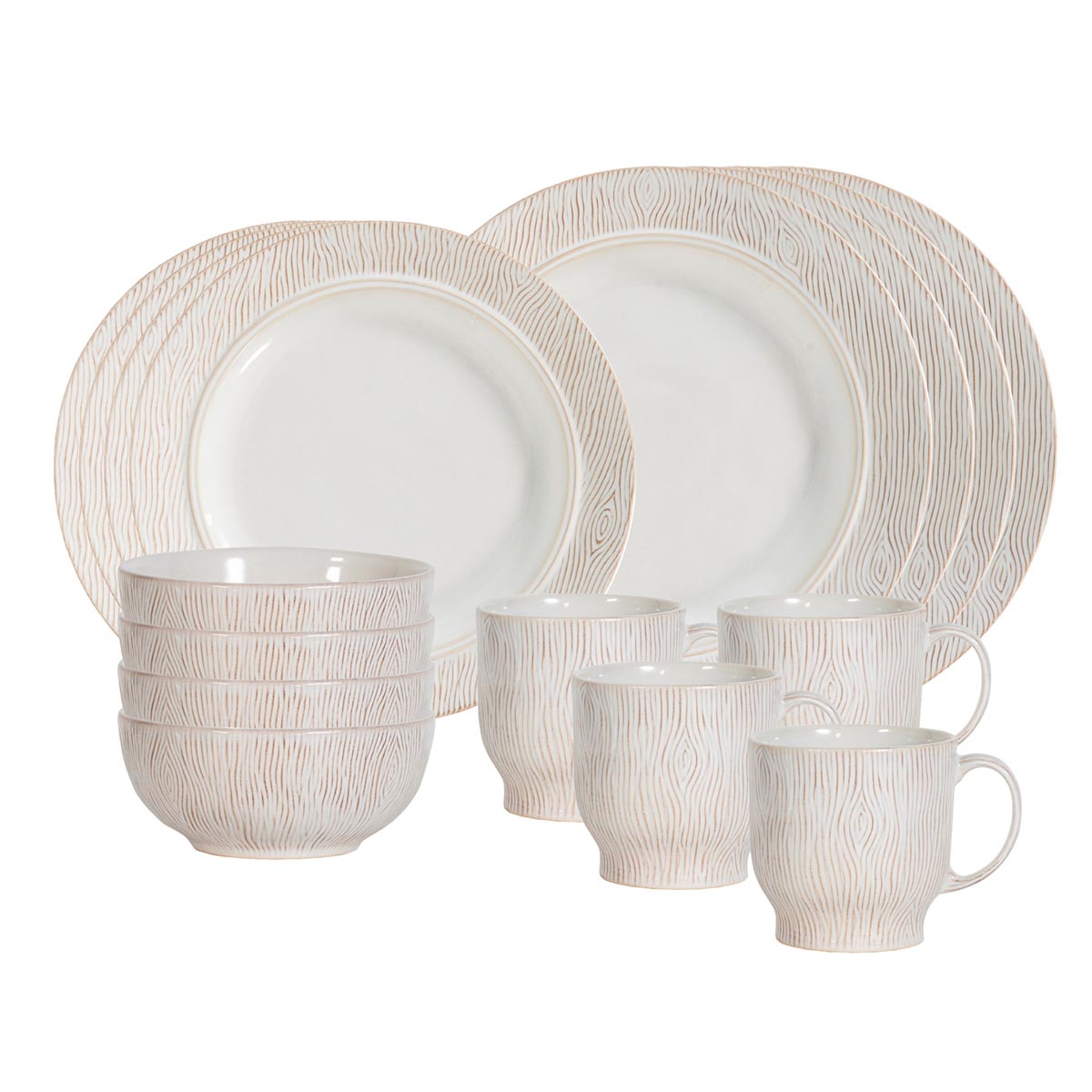 Front view of Blenheim Oak Place Setting, Set of 16, showcasing whitewash woodgrain texture on a white background