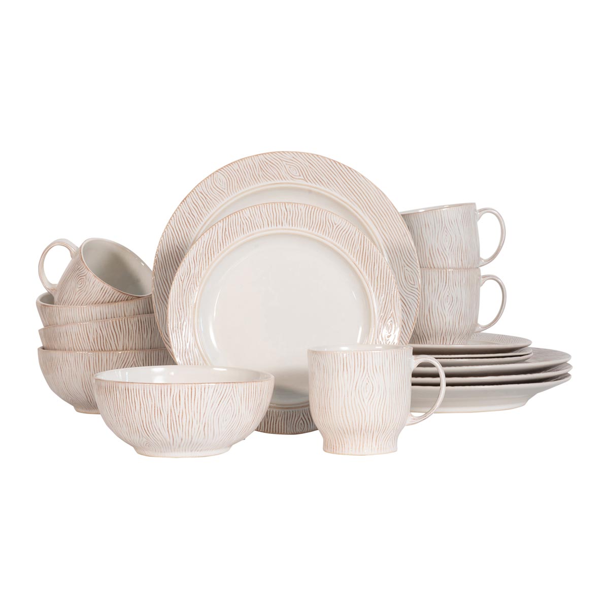 Front view of Blenheim Oak 16 Piece Set showcasing cream ceramic tableware with light brown woodgrain textures on a white background