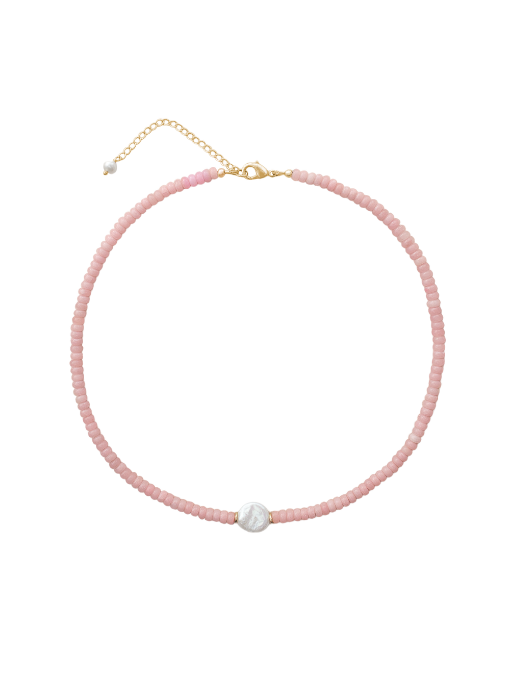 Top-down view of Blake necklace showcasing pink opal beads, a single freshwater pearl center, and gold-filled clasp on plain background
