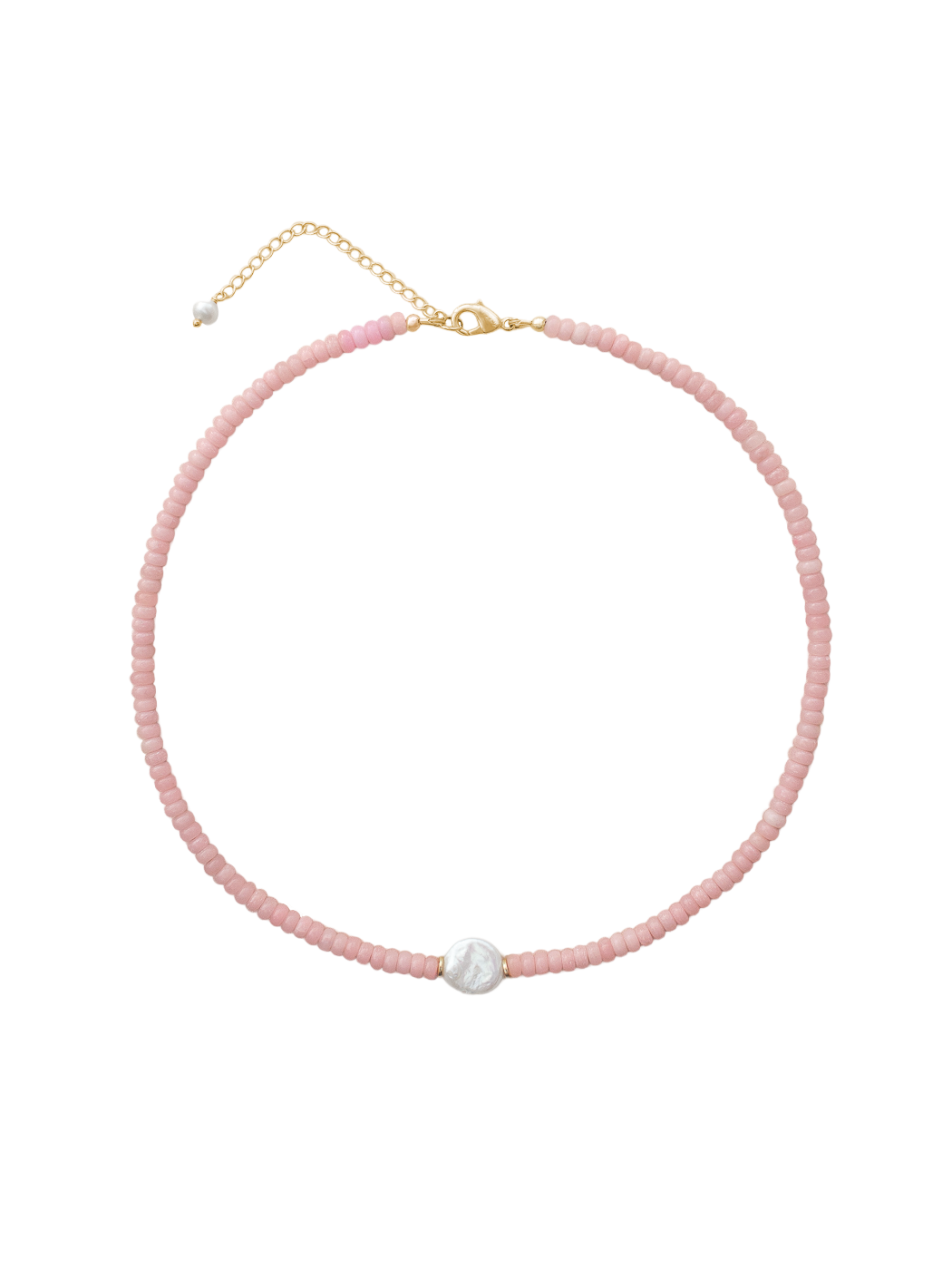 Top-down view of Blake necklace showcasing pink opal beads, a single freshwater pearl center, and gold-filled clasp on plain background