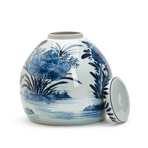 11" Blue and White Squat Covered Ginger Jar