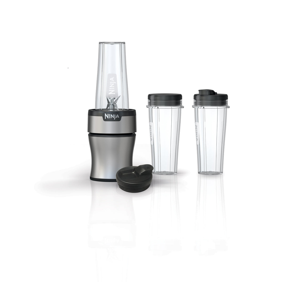 Front view of Nutri-Blender Plus blender with silver motor base, Pro Extractor blade and three 20 oz cups on white background