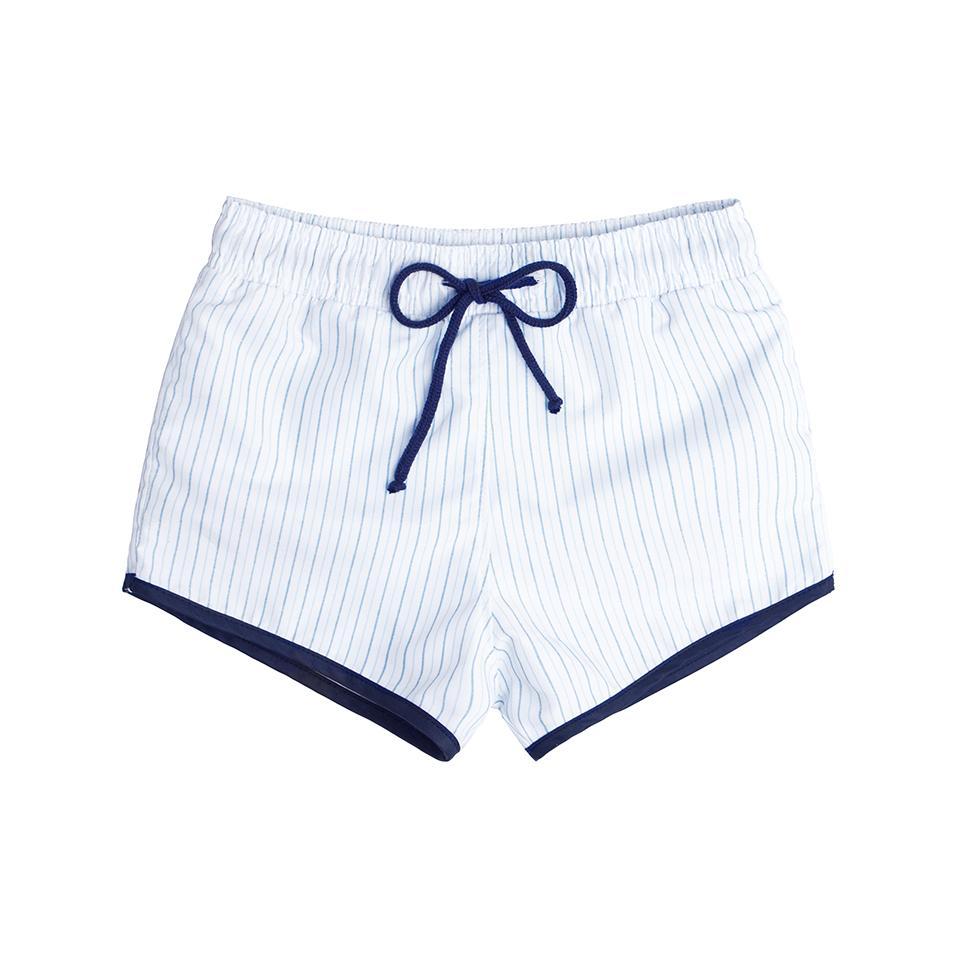 Front view of Boys Boardie in Double Stripe showcasing vertical stripes, navy binding, and drawstring on a white background