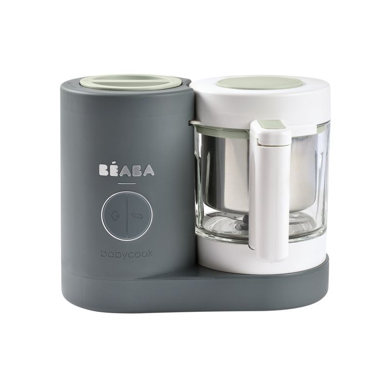 Front view of Babycook Neo in Mineral showcasing glass bowl and stainless steel steam basket with white background