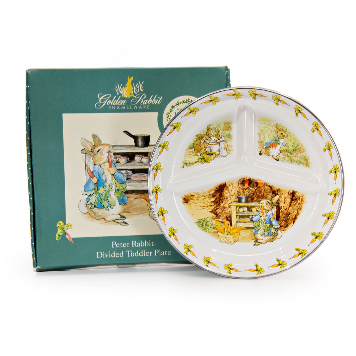 Front view of Peter Rabbit Toddler Plate showcasing divided sections and carrot border with product box on a white background