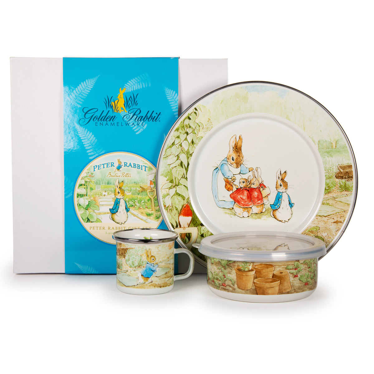 Front view of Peter Rabbit Child Set showcasing illustrated enamel mug, bowl, and plate with gift box background
