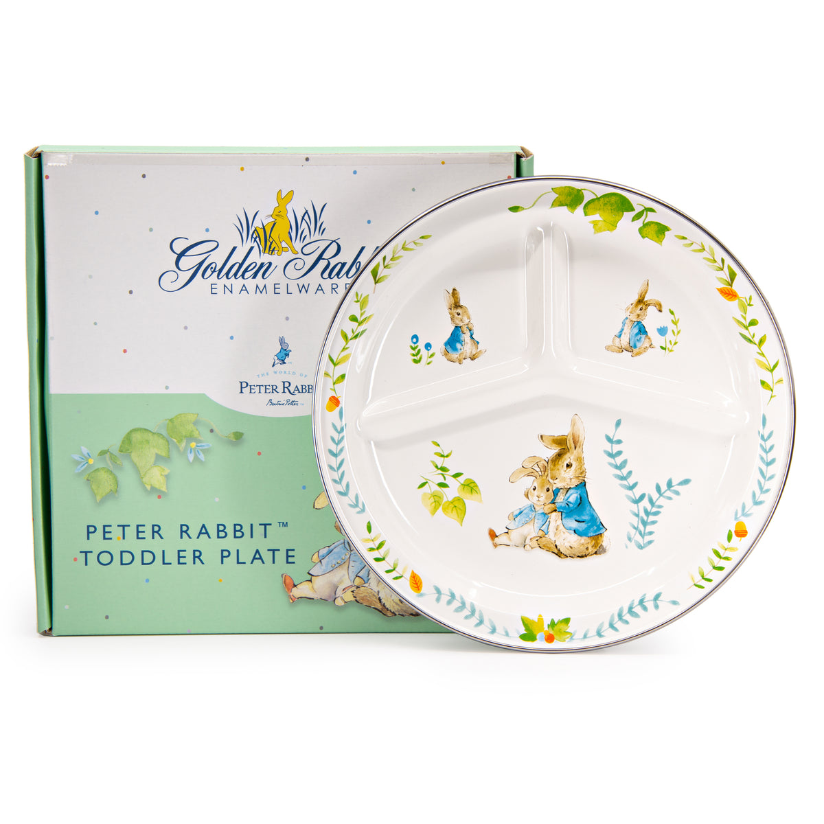 Front view of Spring Leaves Toddler Plate showcasing Peter Rabbit illustrations and leaf border with product box in background