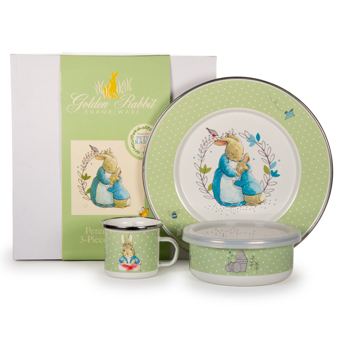 Front view of Child Set in Polka Dot Peter showcasing green polka dots and Peter Rabbit illustrations with packaging behind