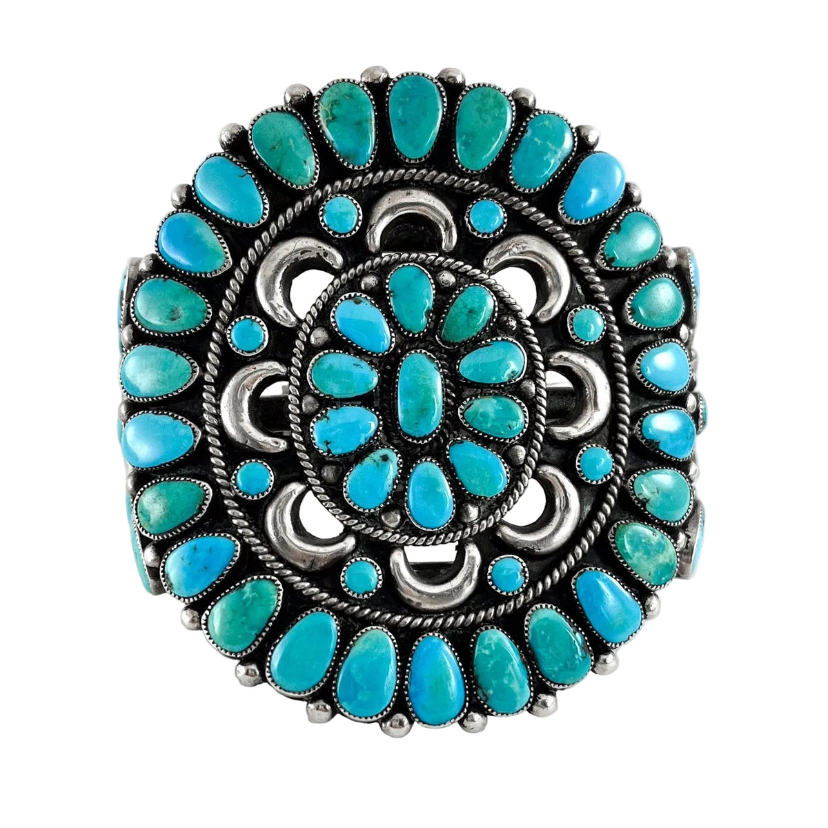 Front view of Vintage Zuni Cluster Bracelet showcasing natural American turquoise stones set in sterling silver with a white background