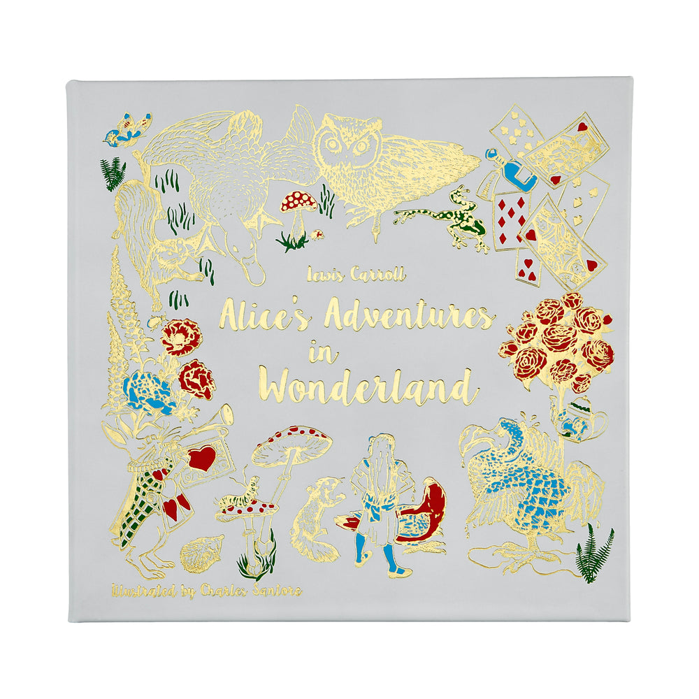 Front view of bonded-leather Alice’s Adventures in Wonderland book with gold-foil title and illustrations on gray cover