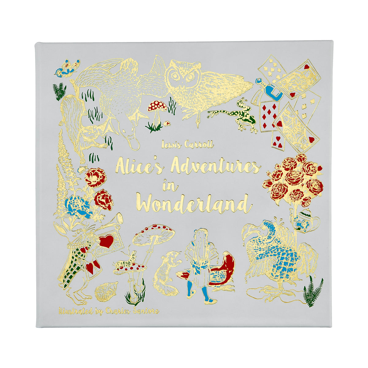 Front view of bonded-leather Alice’s Adventures in Wonderland book with gold-foil title and illustrations on gray cover
