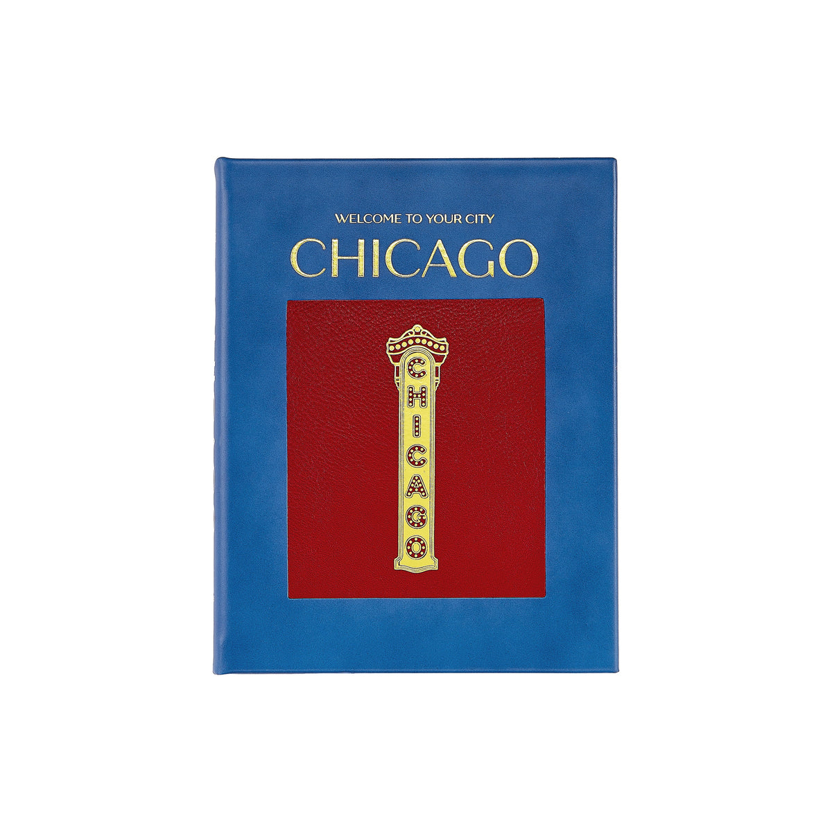 Front view of Trope Chicago leather-bound book showing blue leather cover with gold “CHICAGO” title and red inset featuring a vertical Chicago marquee on white background