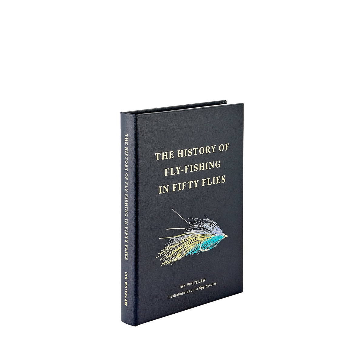Angled view of The History of Fly Fishing in Fifty Flies hardcover showcasing a colorful fly illustration on white background