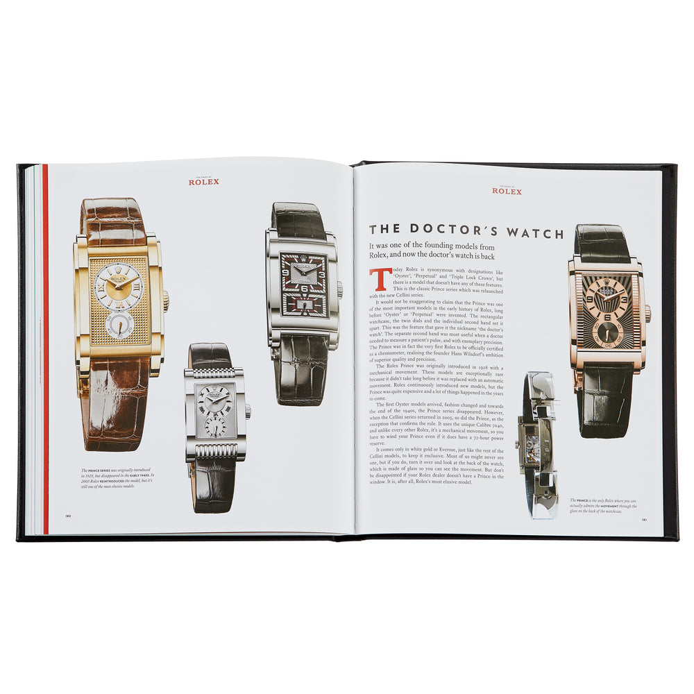 Top-down view of The Book of Rolex bonded leather open to a two-page spread showing photos of vintage Rolex watches on a white background