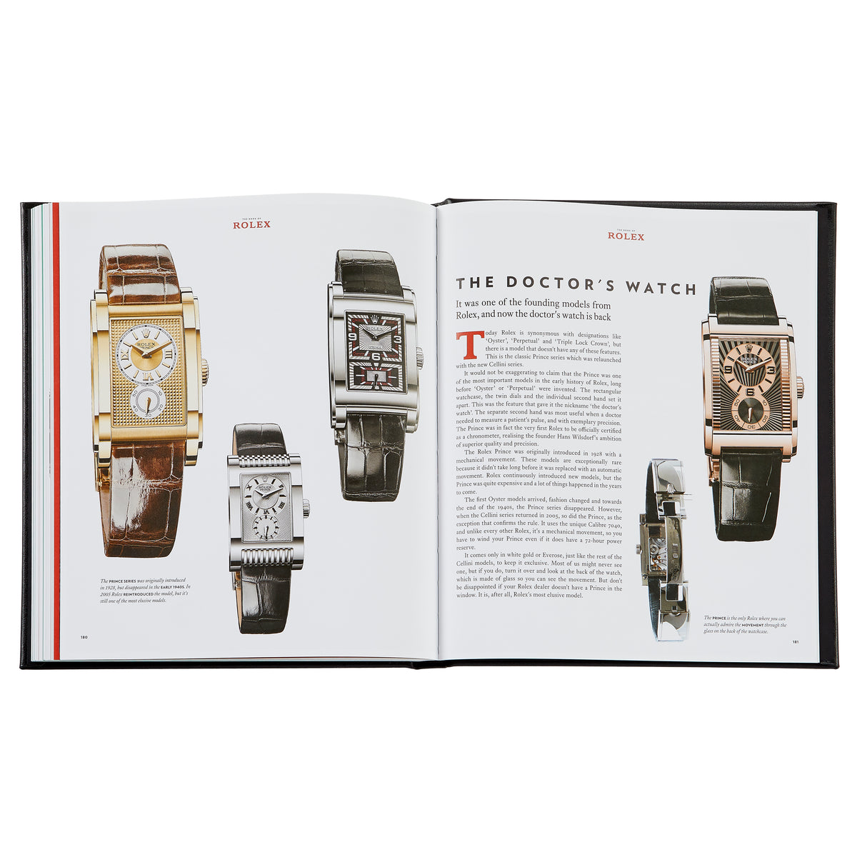 Top-down view of The Book of Rolex bonded leather open to a two-page spread showing photos of vintage Rolex watches on a white background