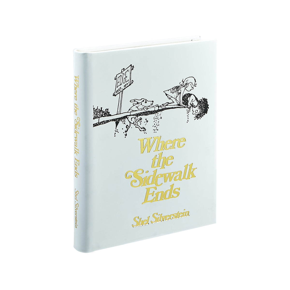 Three-quarter view of leather-bound Where the Sidewalk Ends showcasing white cover with gold foil title and black line illustration on white background