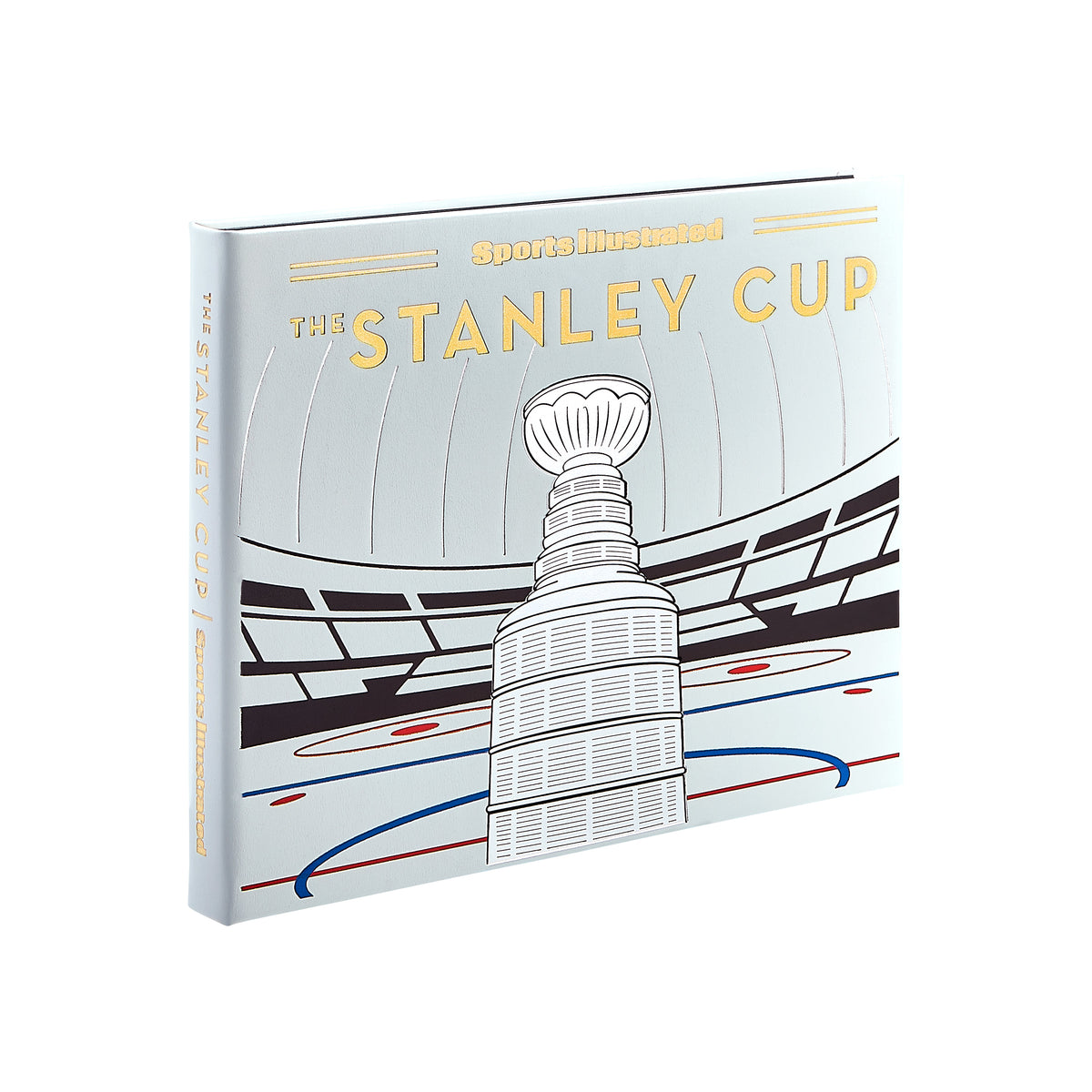 Three-quarter view of The Stanley Cup leather-bound book showing gold-embossed title and illustrated Stanley Cup on white background