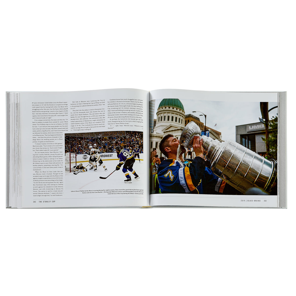 Open hardcover The Stanley Cup book, flat lay showing two-page spread with hockey action photo and player kissing the cup